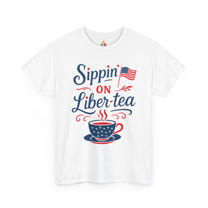 White t-shirt with “Sippin’ on Liber-tea” text, waving flag, and starry teacup design; fun gift for Independence Day, barbecue parties, or American tea fans.