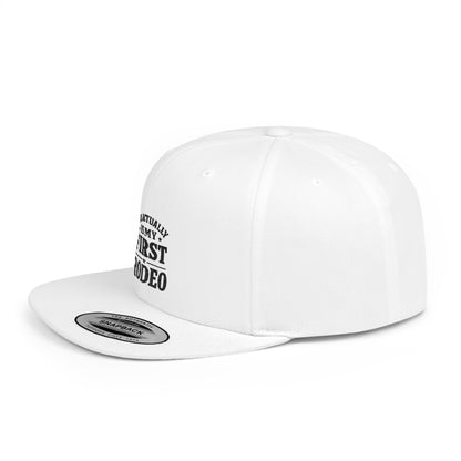 White snapback-hat cap with text 'This actually is my first rodeo'