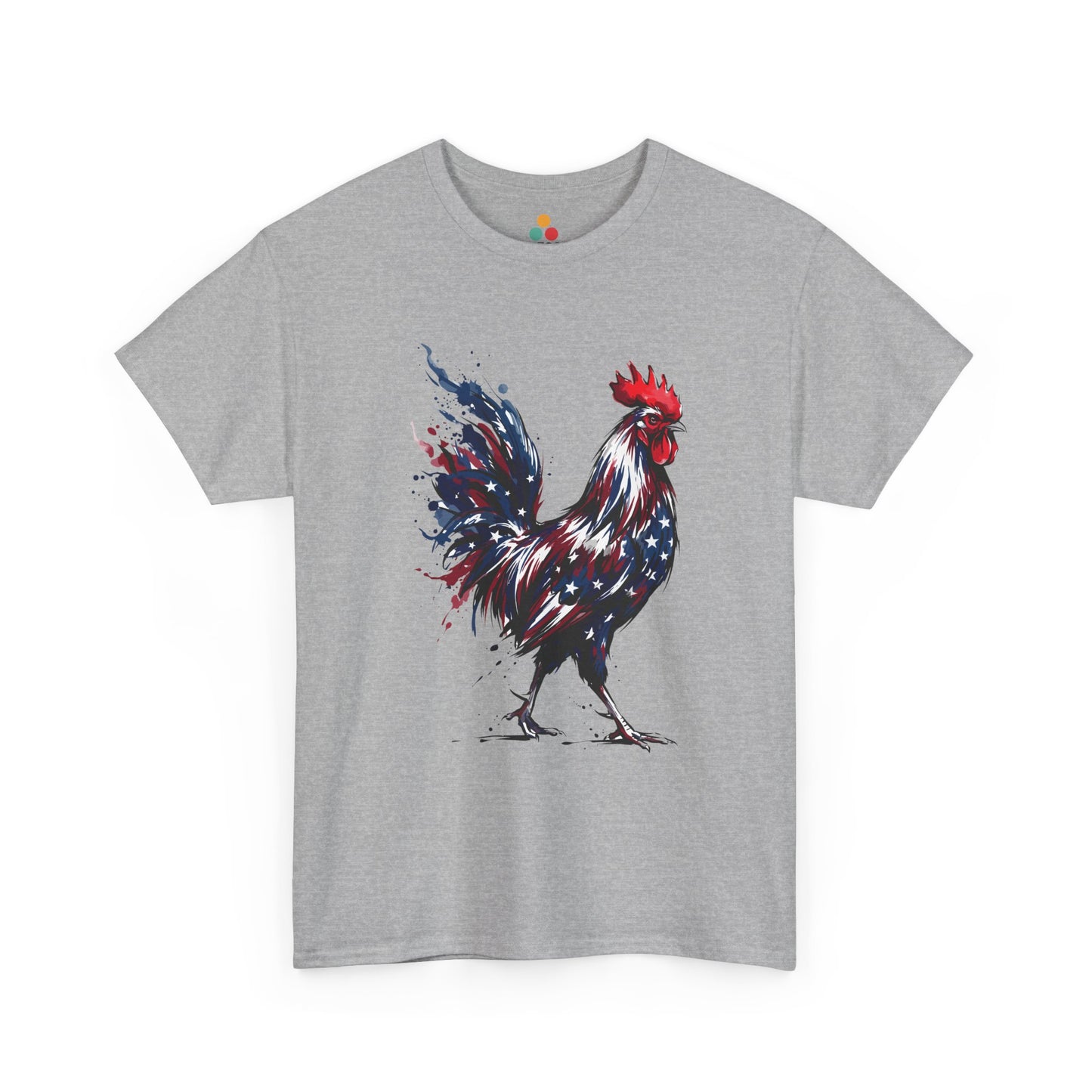 sport gray TEEZOCA T-Shirt featuring a bold watercolor-style rooster painted in red, white, and blue American flag colors with stars and paint splashes on white fabric.