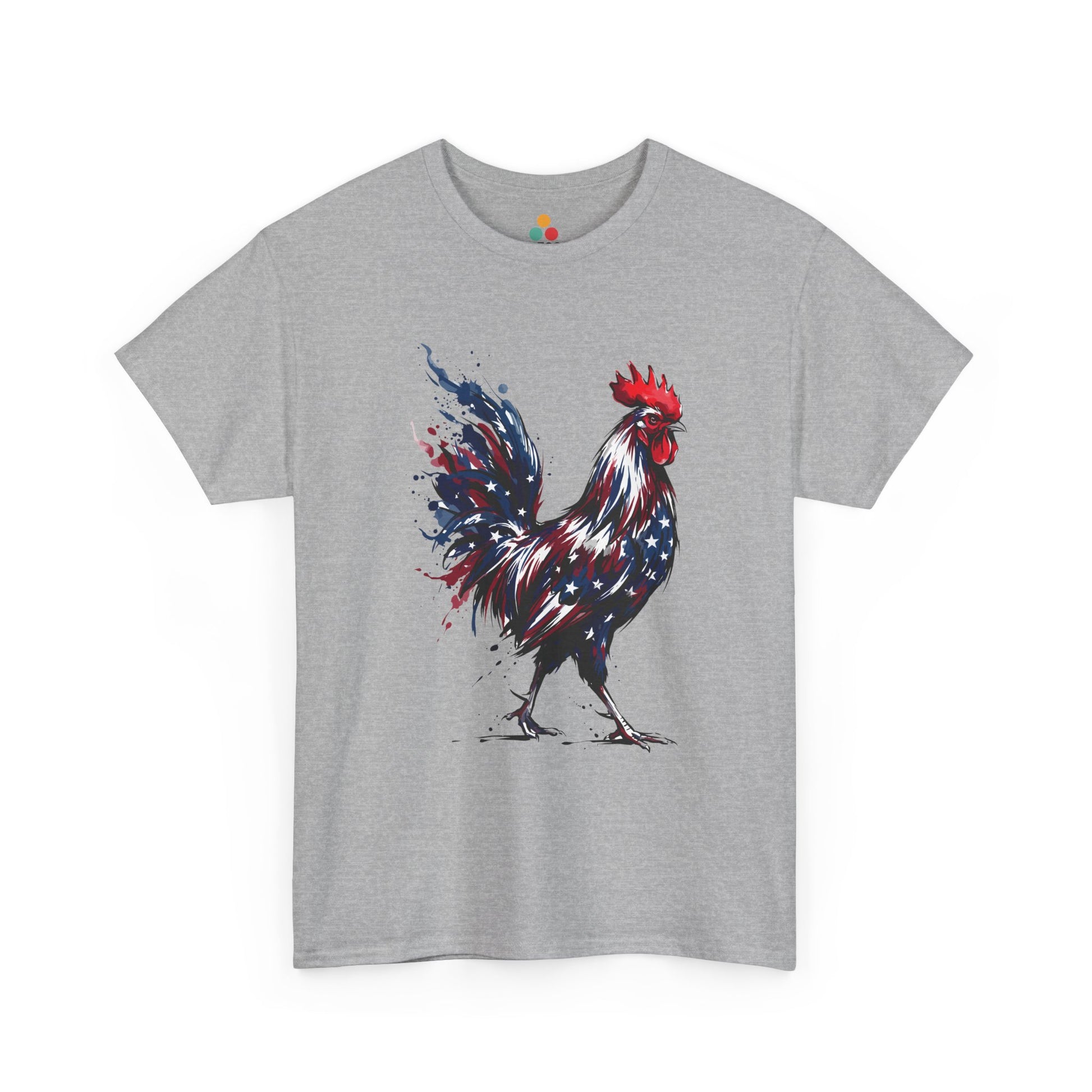 sport gray TEEZOCA T-Shirt featuring a bold watercolor-style rooster painted in red, white, and blue American flag colors with stars and paint splashes on white fabric.