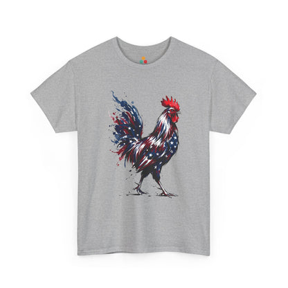 sport gray TEEZOCA T-Shirt featuring a bold watercolor-style rooster painted in red, white, and blue American flag colors with stars and paint splashes on white fabric.