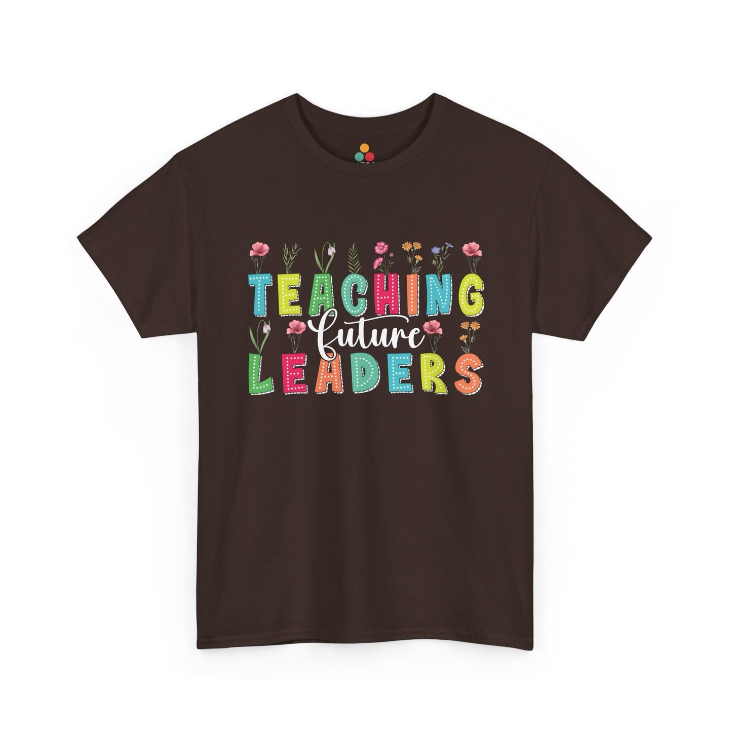 “Teezoca brown Teaching Future Leaders teacher tee, wildflower retro school design, front view”

