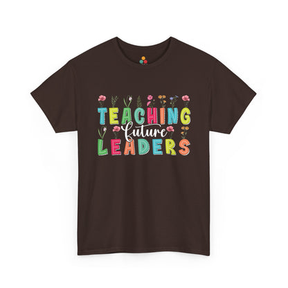 “Teezoca brown Teaching Future Leaders teacher tee, wildflower retro school design, front view”

