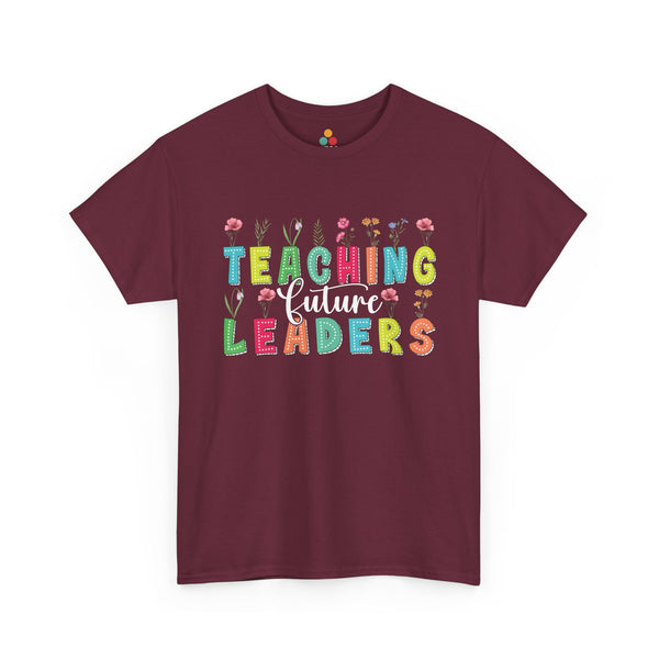 teaching-future-leaders-floral-teacher-shirt-maroon-front-teezoca