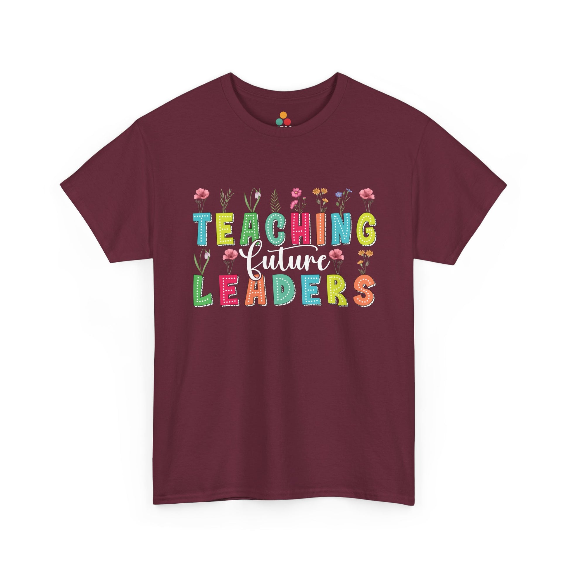 “Teezoca Teaching Future Leaders shirt, maroon, floral rainbow letters, mentor gift for teachers”

