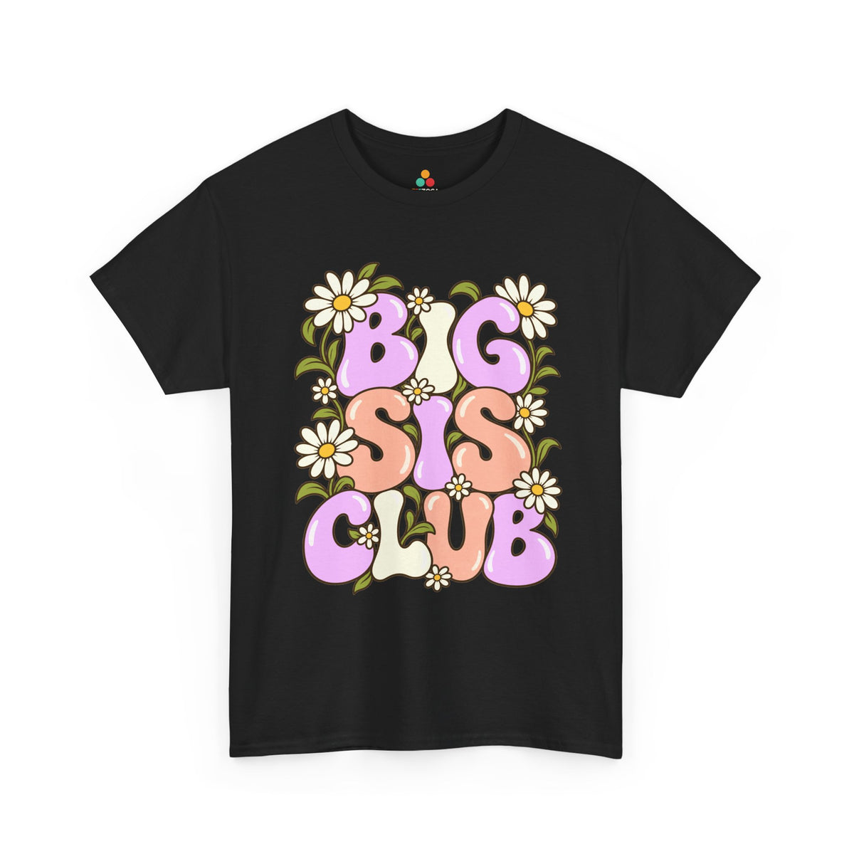 black Big Sis Club T-shirt, front view with pastel retro lettering, daisies and green leaves
