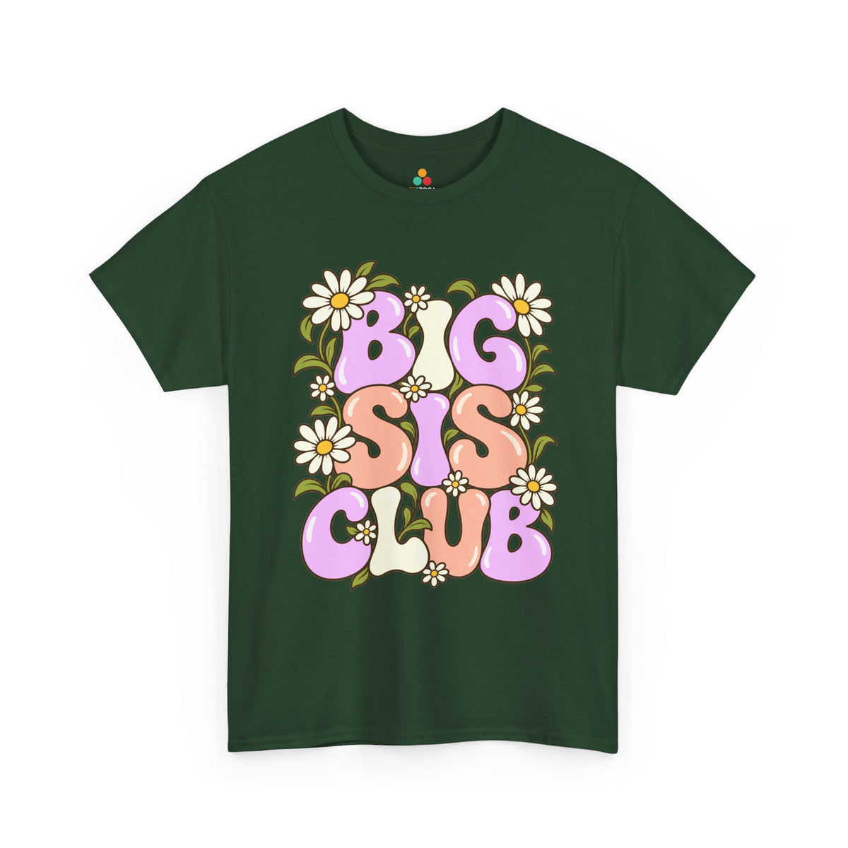 forest green Big Sis Club T-shirt, front view with pastel retro lettering, daisies and green leaves