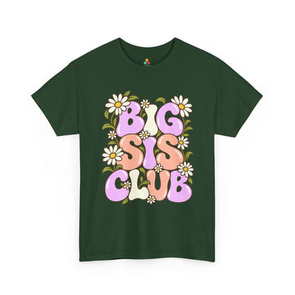 forest green Big Sis Club T-shirt, front view with pastel retro lettering, daisies and green leaves