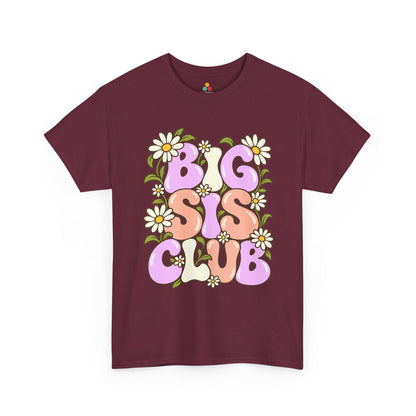 maroon Big Sis Club T-shirt, front view with pastel retro lettering, daisies and green leaves
