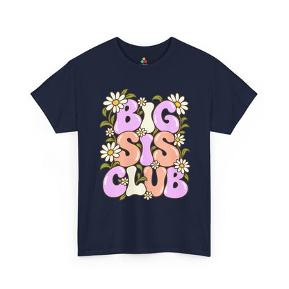 navy Big Sis Club T-shirt, front view with pastel retro lettering, daisies and green leaves