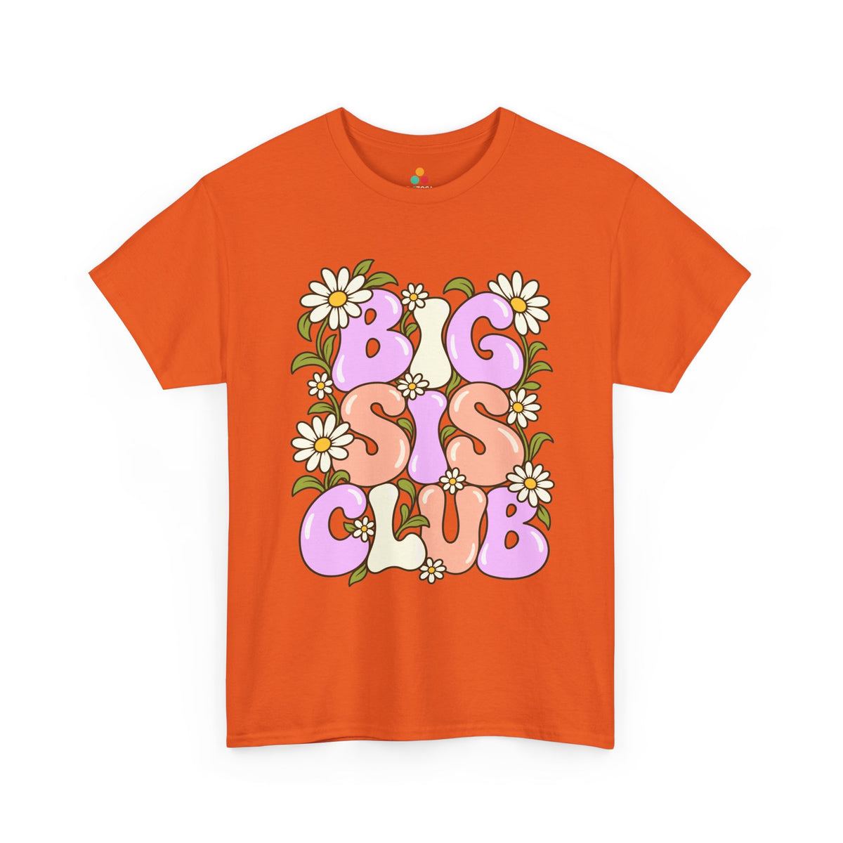 orange Big Sis Club T-shirt, front view with pastel retro lettering, daisies and green leaves