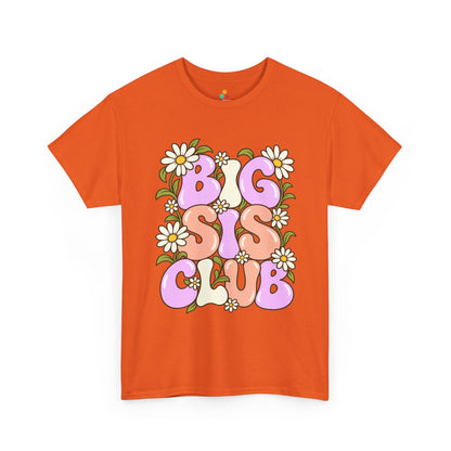 orange Big Sis Club T-shirt, front view with pastel retro lettering, daisies and green leaves
