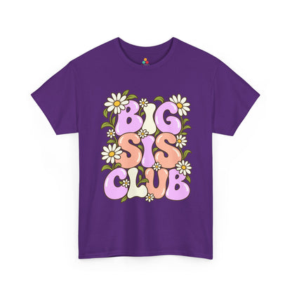 purple Big Sis Club T-shirt, front view with pastel retro lettering, daisies and green leaves
