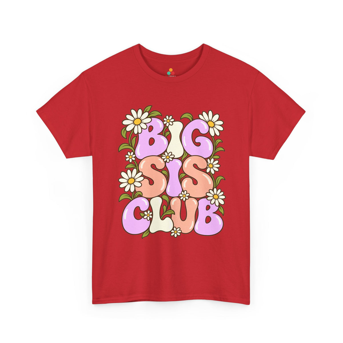 red Big Sis Club T-shirt, front view with pastel retro lettering, daisies and green leaves