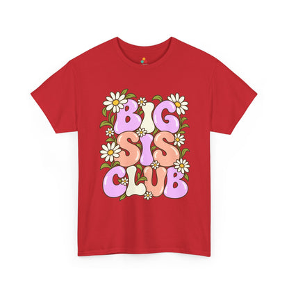 red Big Sis Club T-shirt, front view with pastel retro lettering, daisies and green leaves