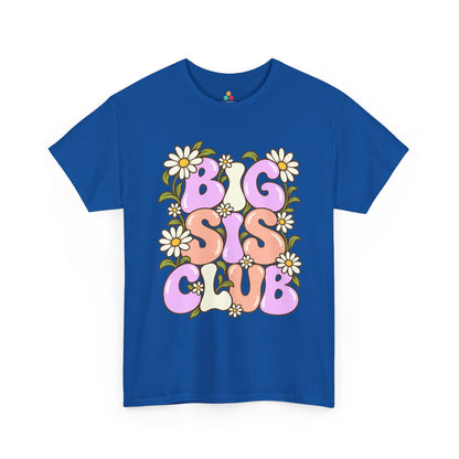 royal Big Sis Club T-shirt, front view with pastel retro lettering, daisies and green leaves