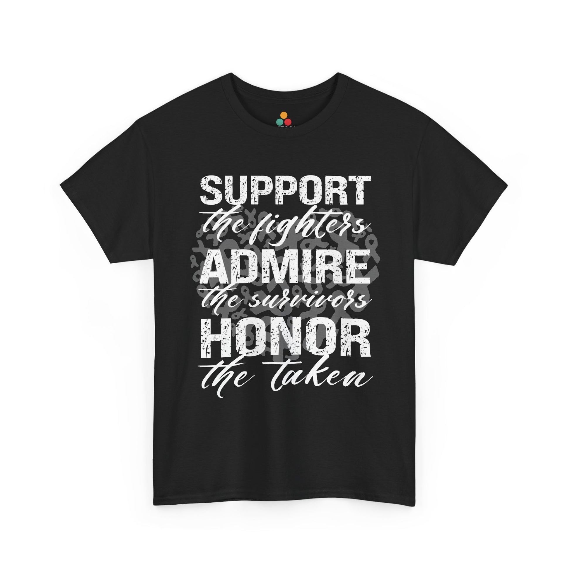 lack T-shirt with bold white text reading "Support, Admire & Honor," modeled for awareness campaigns