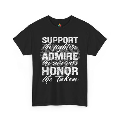 lack T-shirt with bold white text reading "Support, Admire & Honor," modeled for awareness campaigns