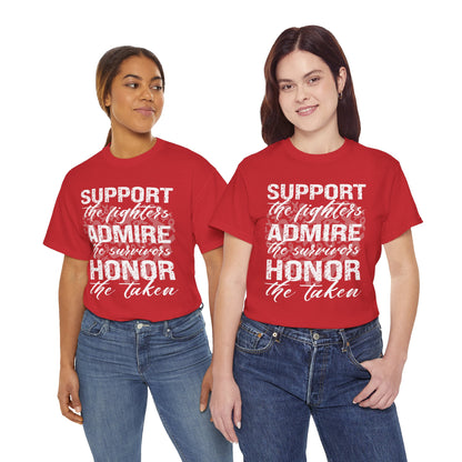 Two females wearing red awareness T-shirts with "Support, Admire & Honor" message