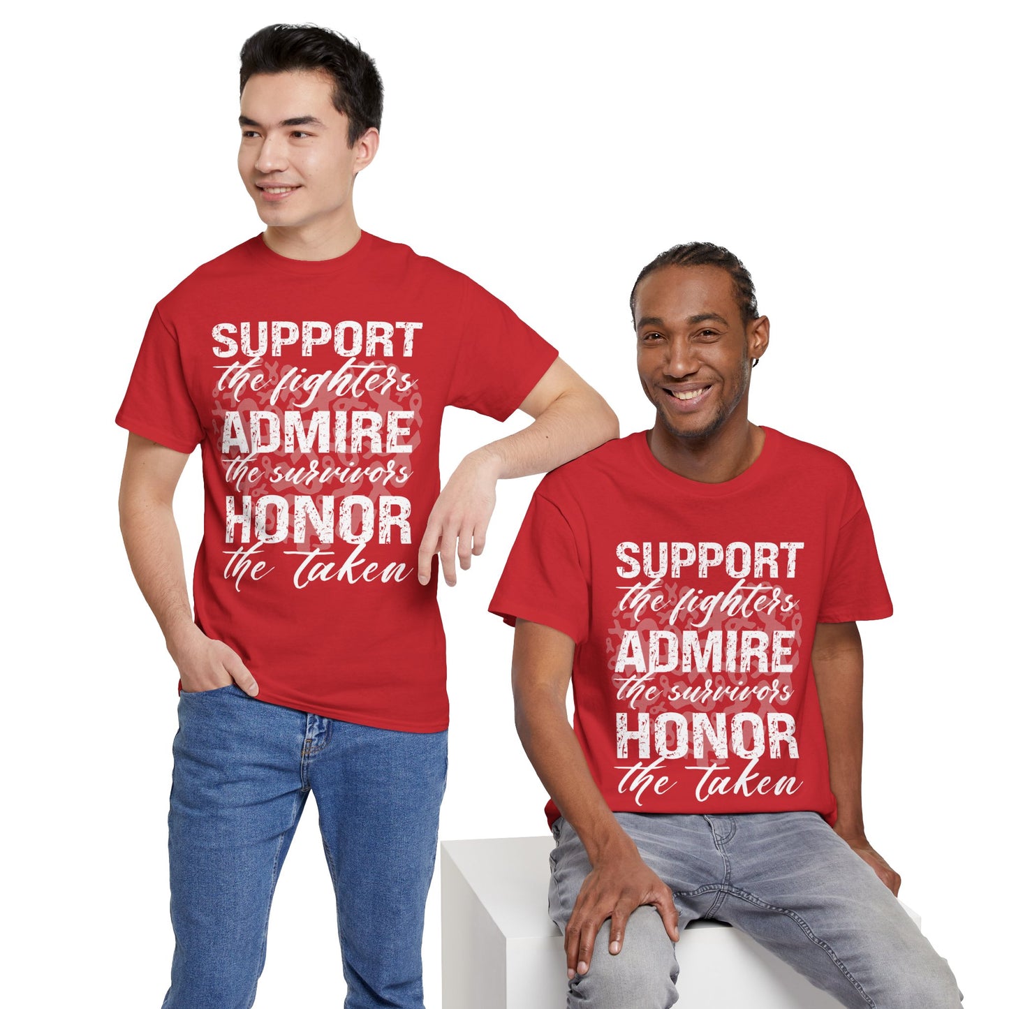 Men modeled in matching red awareness T-shirts with inspirational slogan