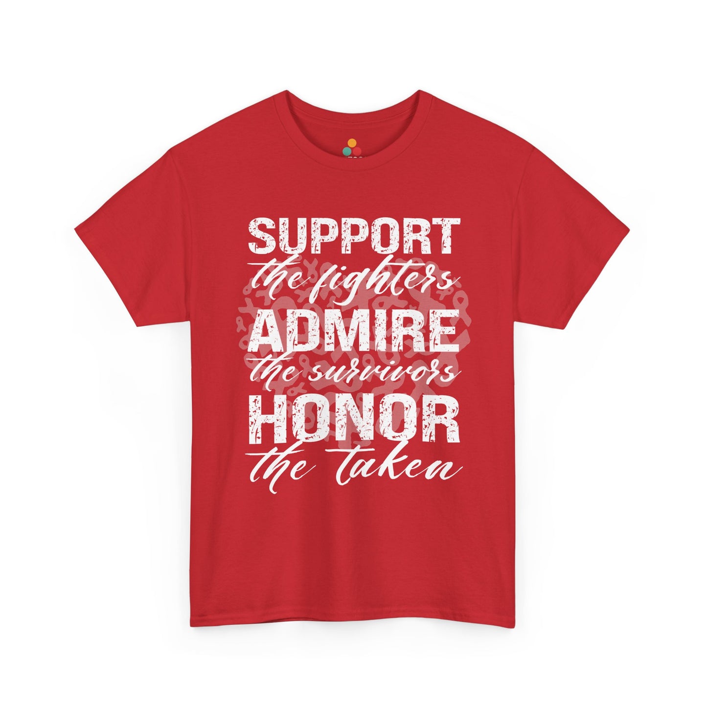  Red T-shirt with motivational white print "Support, Admire & Honor" shown flat for product detail