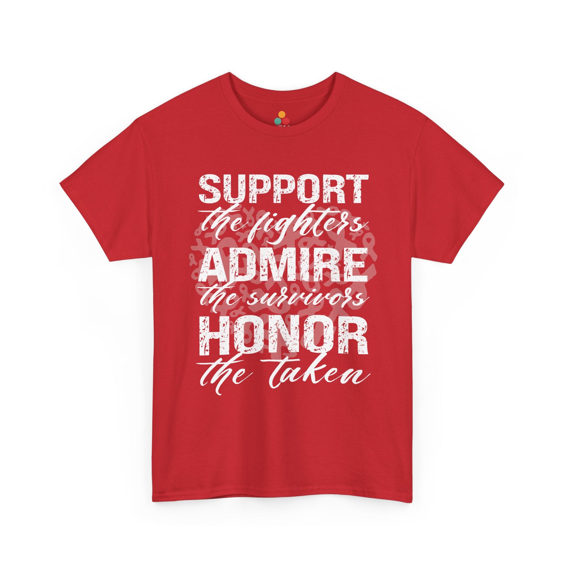  Red T-shirt with motivational white print "Support, Admire & Honor" shown flat for product detail