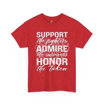 Red T-shirt with motivational white print "Support, Admire & Honor" shown flat for product detail
