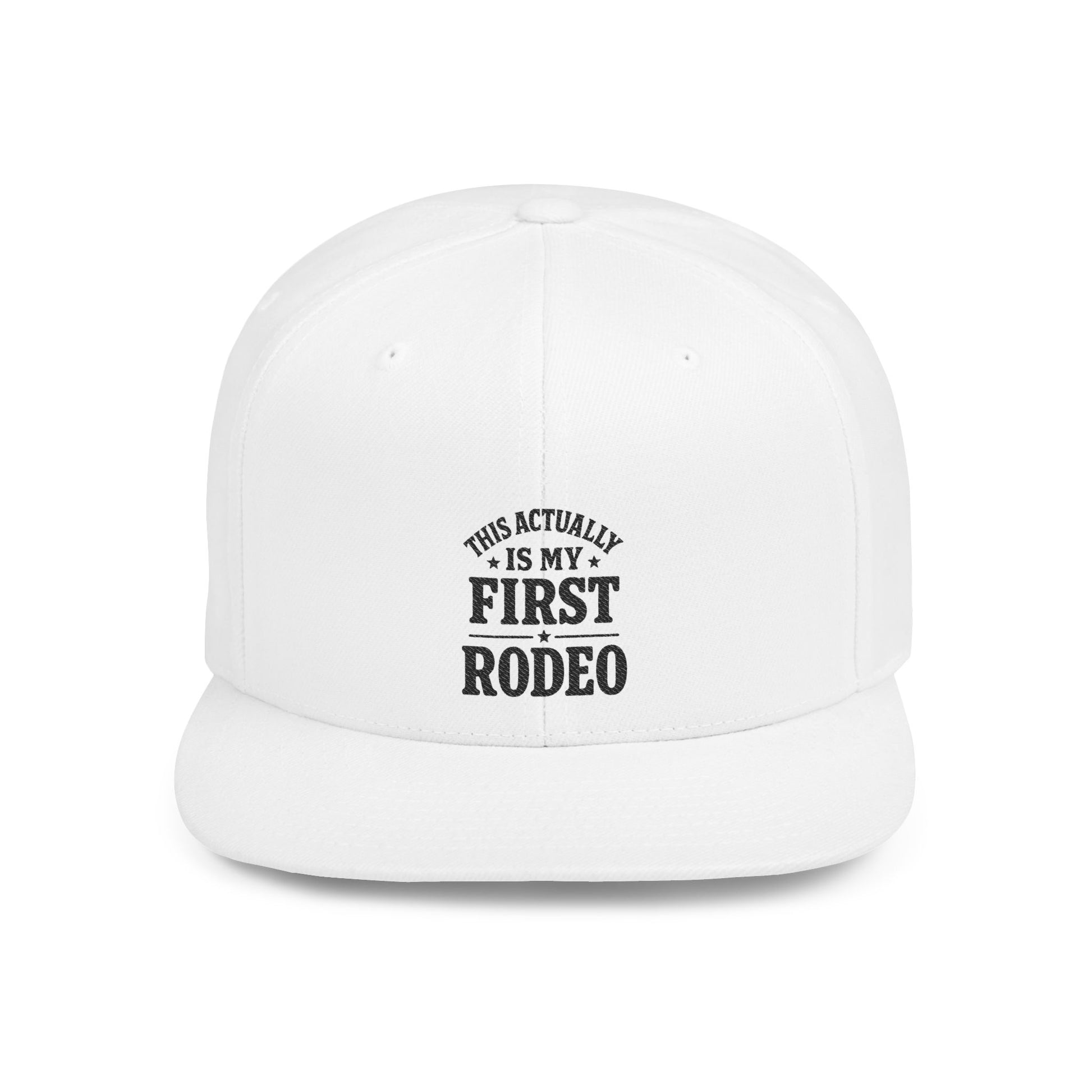 "Teezooca"“This Actually Is My First Rodeo embroidered cap white, funny rookie cowboy hat front view”


