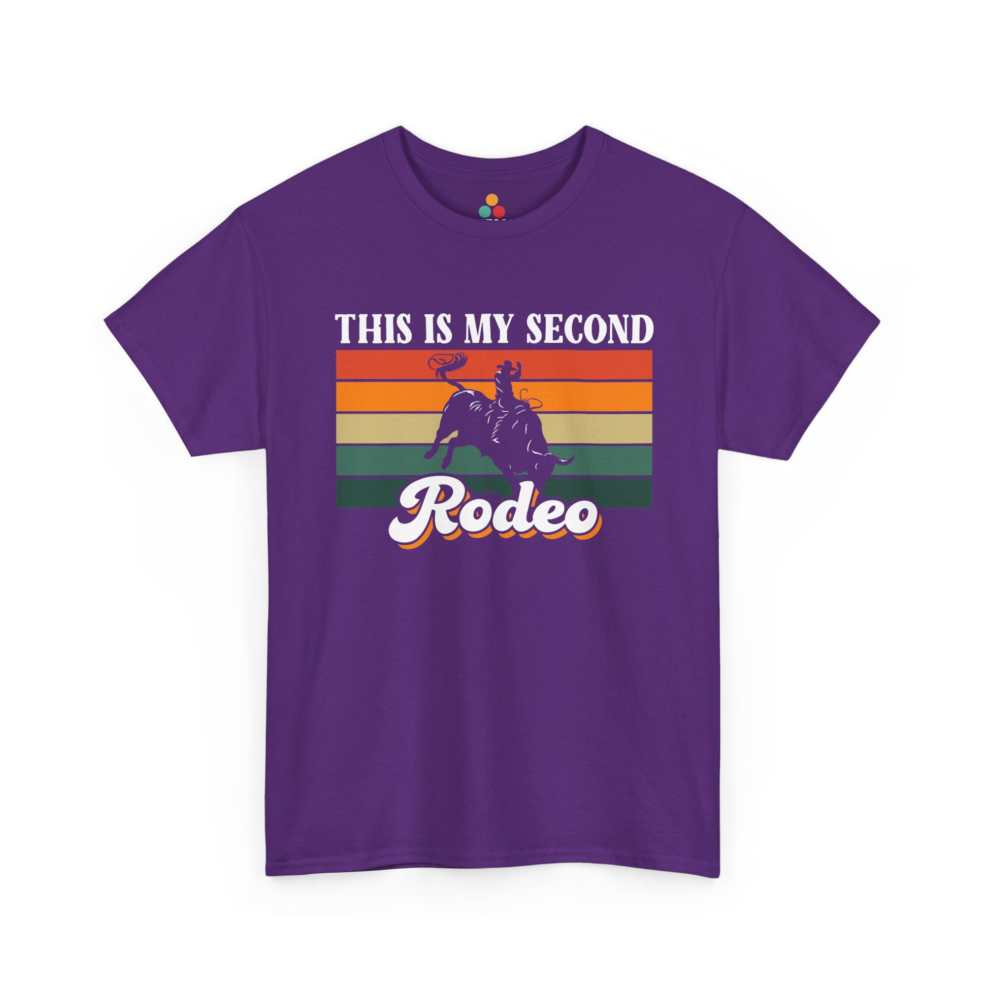 this-is-my-second-rodeo-shirt-Purple-front — "Retro This Is My Second Rodeo graphic on navy t‑shirt with bull rider, front view"