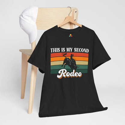 this-is-my-second-rodeo-shirt-black-model.jpg — "Model wearing black This Is My Second Rodeo retro Western graphic shirt"
