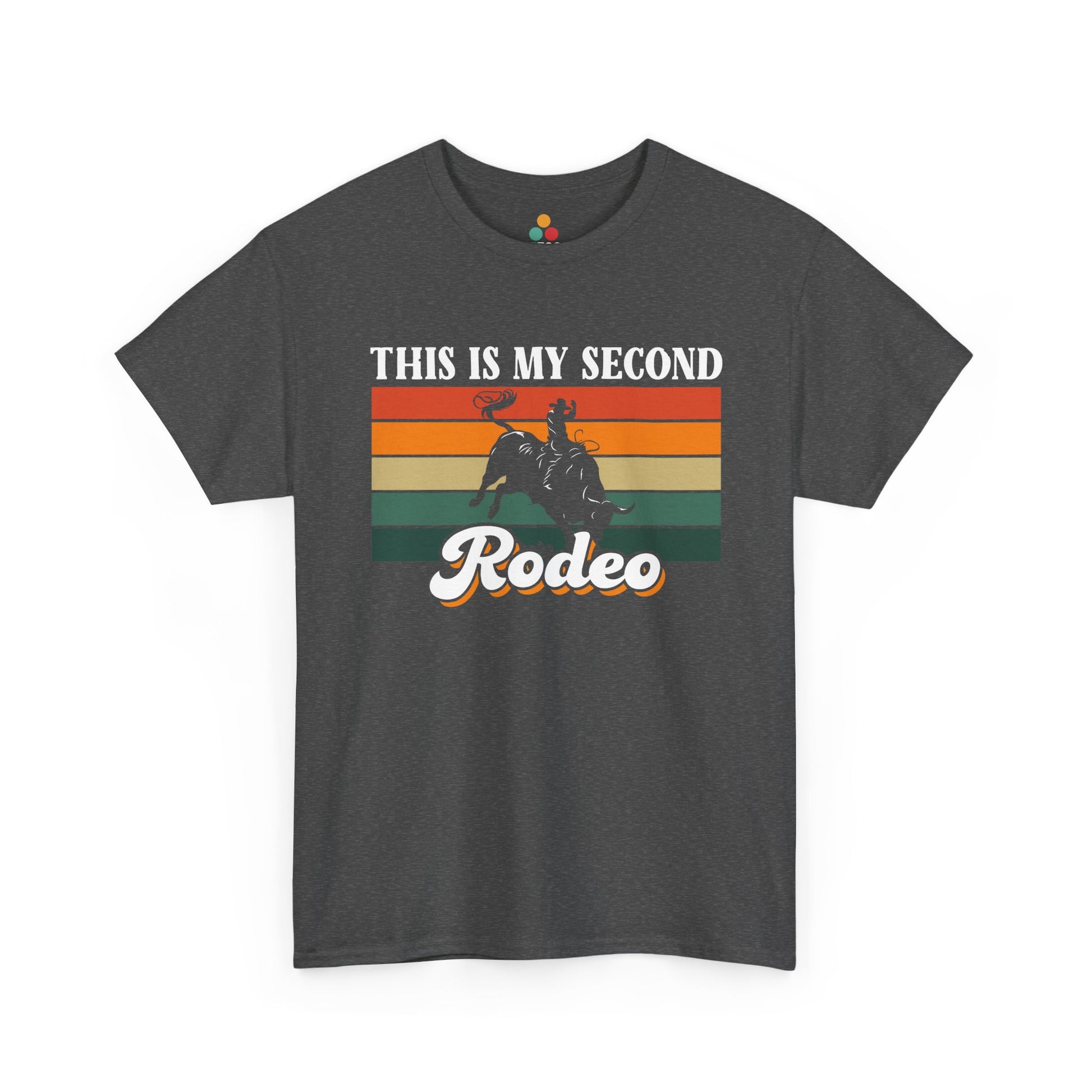 Dark gray t-shirt with a graphic design of a cowboy on a horse and text 'This is my second Rodeo' on a white background.