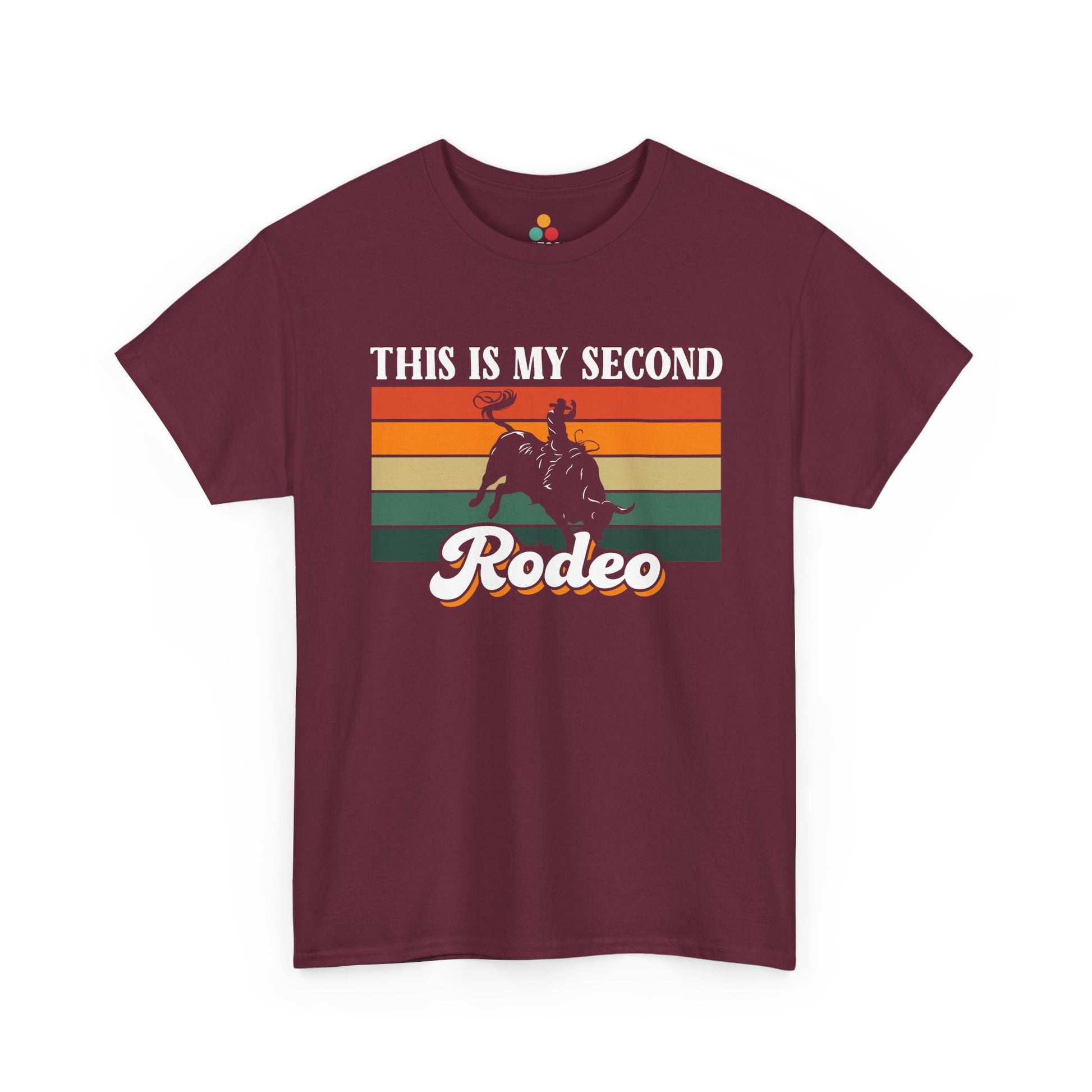 Maroon t-shirt with a graphic of a cowboy on a horse and text 'This is my second Rodeo' on a white background