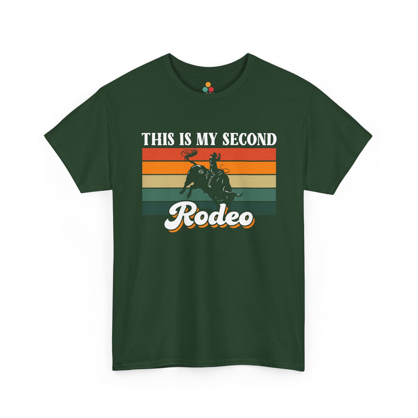  "This Is My Second Rodeo retro bull rider on military green t‑shirt, front view