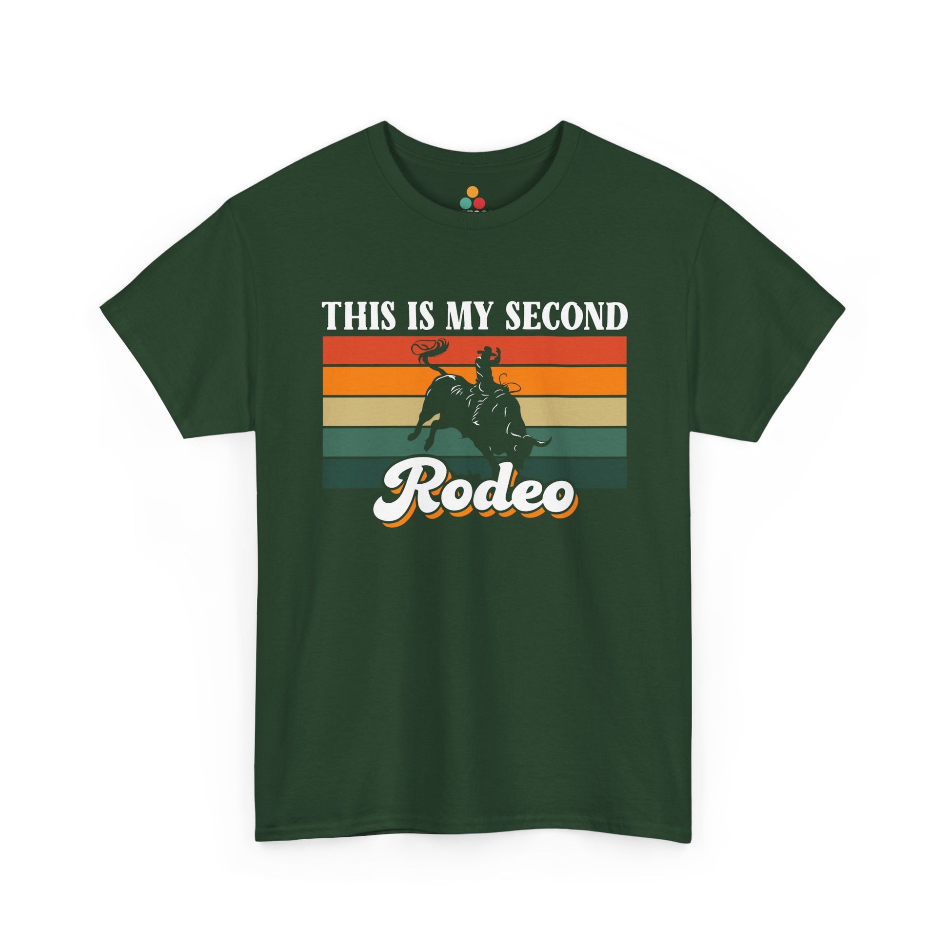  "This Is My Second Rodeo retro bull rider on military green t‑shirt, front view