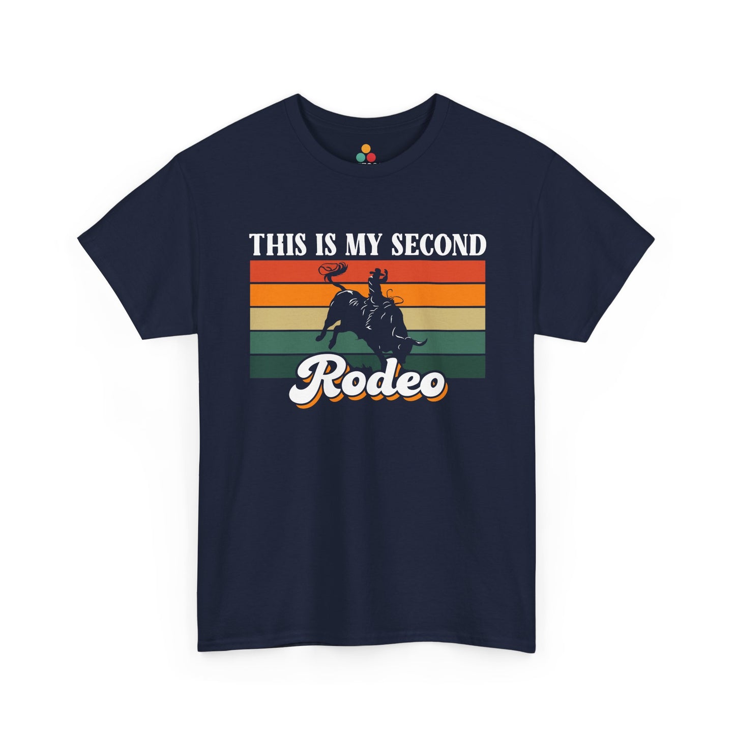 this-is-my-second-rodeo-shirt-navy-front.jpg — "Retro This Is My Second Rodeo graphic on navy t‑shirt with bull rider, front view"