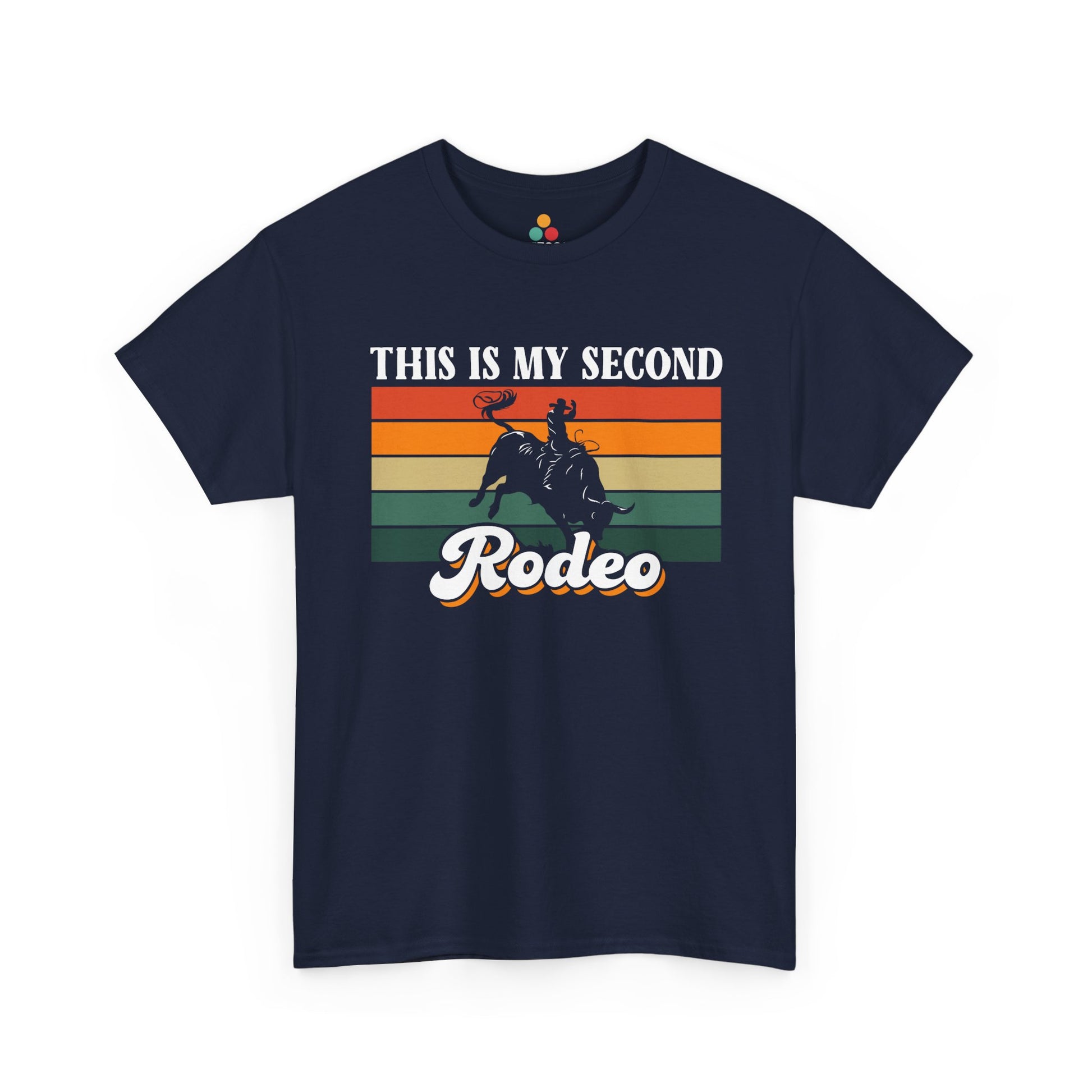 this-is-my-second-rodeo-shirt-navy-front.jpg — "Retro This Is My Second Rodeo graphic on navy t‑shirt with bull rider, front view"