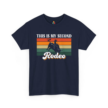 this-is-my-second-rodeo-shirt-navy-front.jpg — "Retro This Is My Second Rodeo graphic on navy t‑shirt with bull rider, front view"