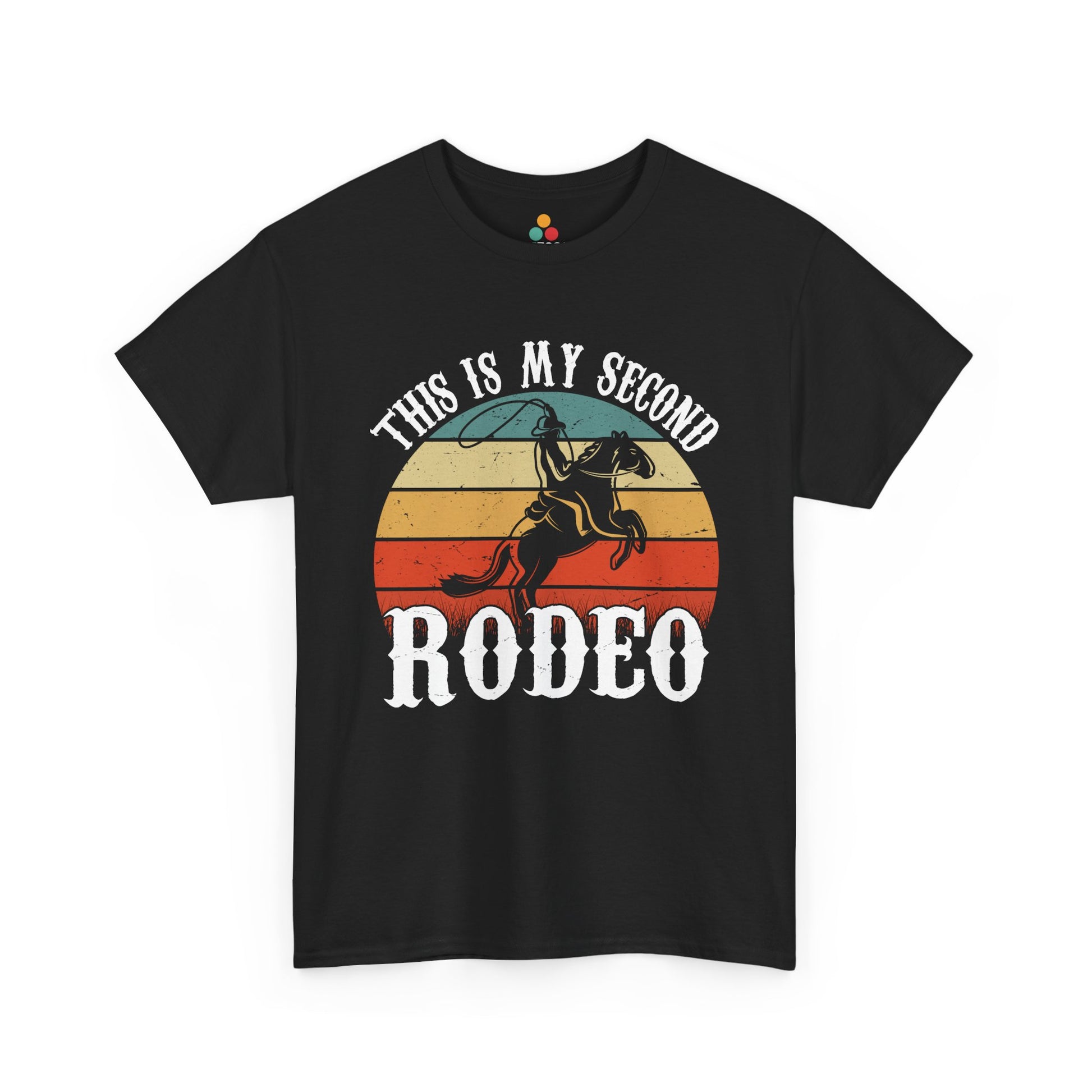 “Teezoca This Is My Second Rodeo shirt, vintage sunset circle with cowboy riding bucking horse, western humor graphic, black tee, front”

