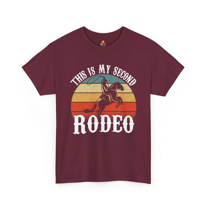 “Teezoca maroon This Is My Second Rodeo western shirt, distressed sunset cowboy graphic, funny rodeo fan tee, front”

