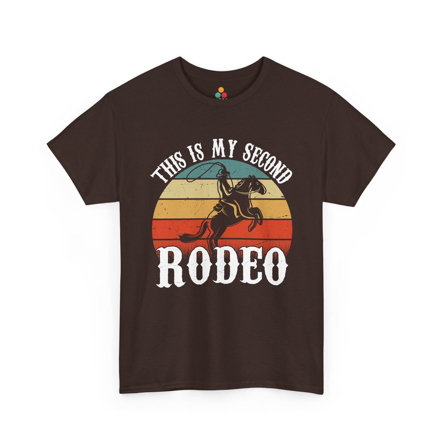 “Teezoca maroon This Is My Second Rodeo western shirt, distressed sunset cowboy graphic, funny rodeo fan tee, front”

