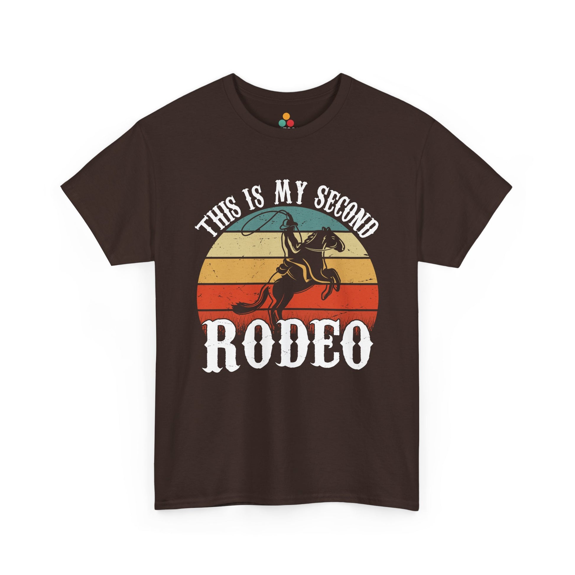 “Teezoca maroon This Is My Second Rodeo western shirt, distressed sunset cowboy graphic, funny rodeo fan tee, front”

