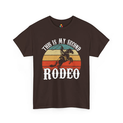 “Teezoca maroon This Is My Second Rodeo western shirt, distressed sunset cowboy graphic, funny rodeo fan tee, front”

