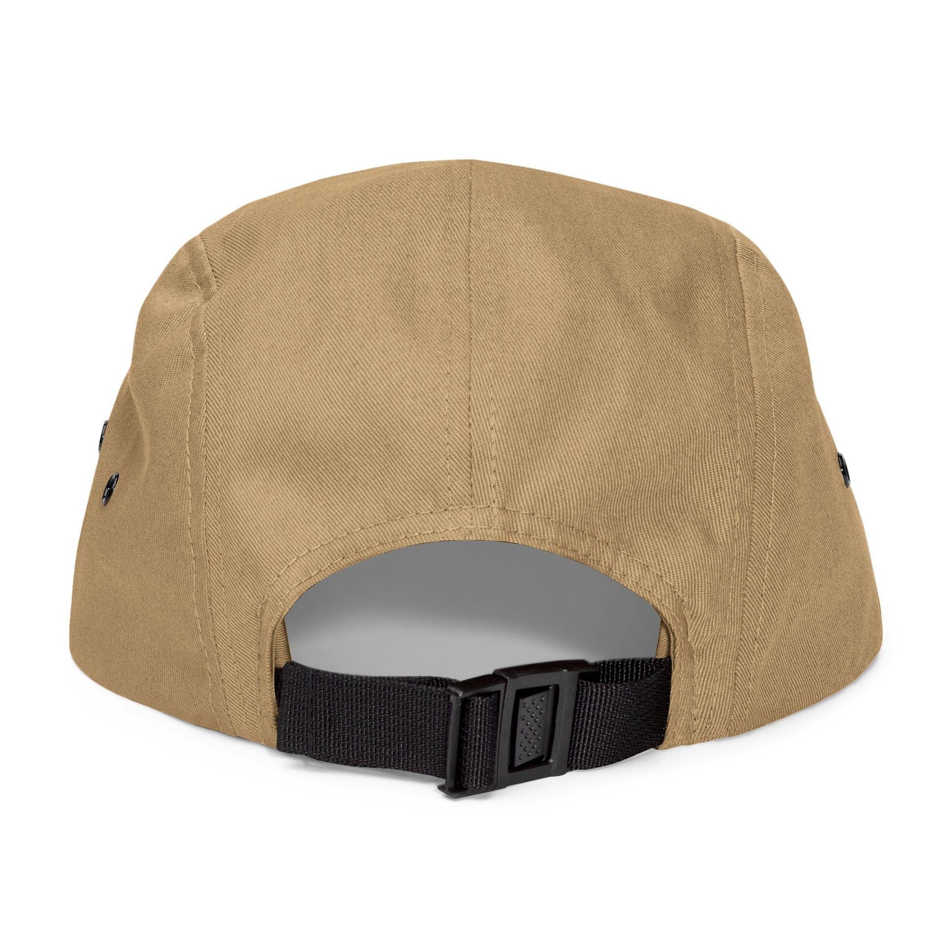 Tan 5-panel cap back view showing adjustable strap closure detail—perfect for product specification shots, headwear sizing reference, and detail-focused mockup displays.
