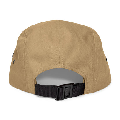 Tan 5-panel cap back view showing adjustable strap closure detail—perfect for product specification shots, headwear sizing reference, and detail-focused mockup displays.