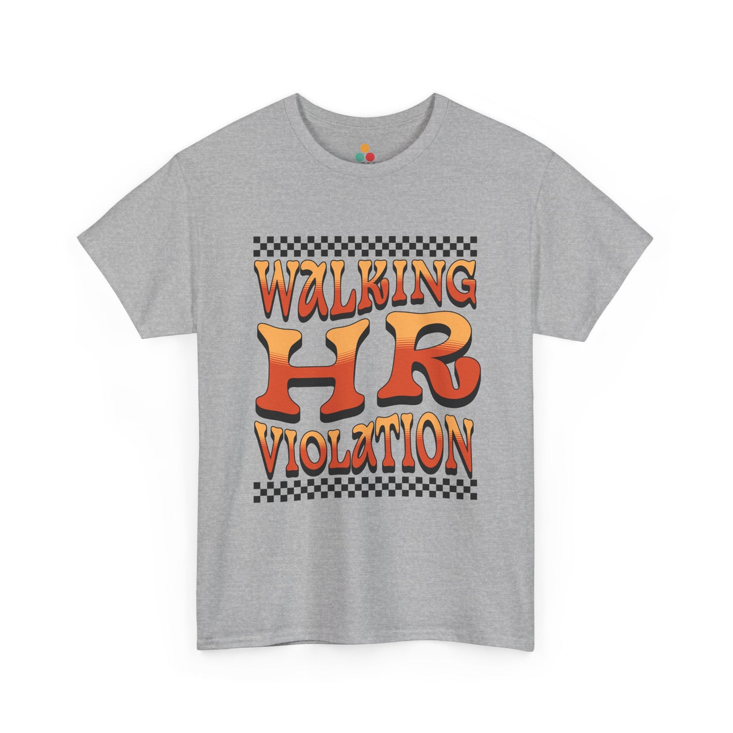 “Teezoca gray Walking HR Violation meme t-shirt, office party gift, humorous design, front”

