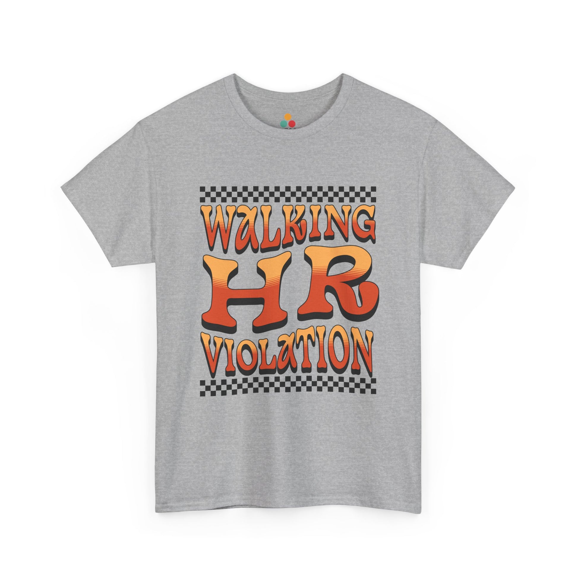 “Teezoca gray Walking HR Violation meme t-shirt, office party gift, humorous design, front”


