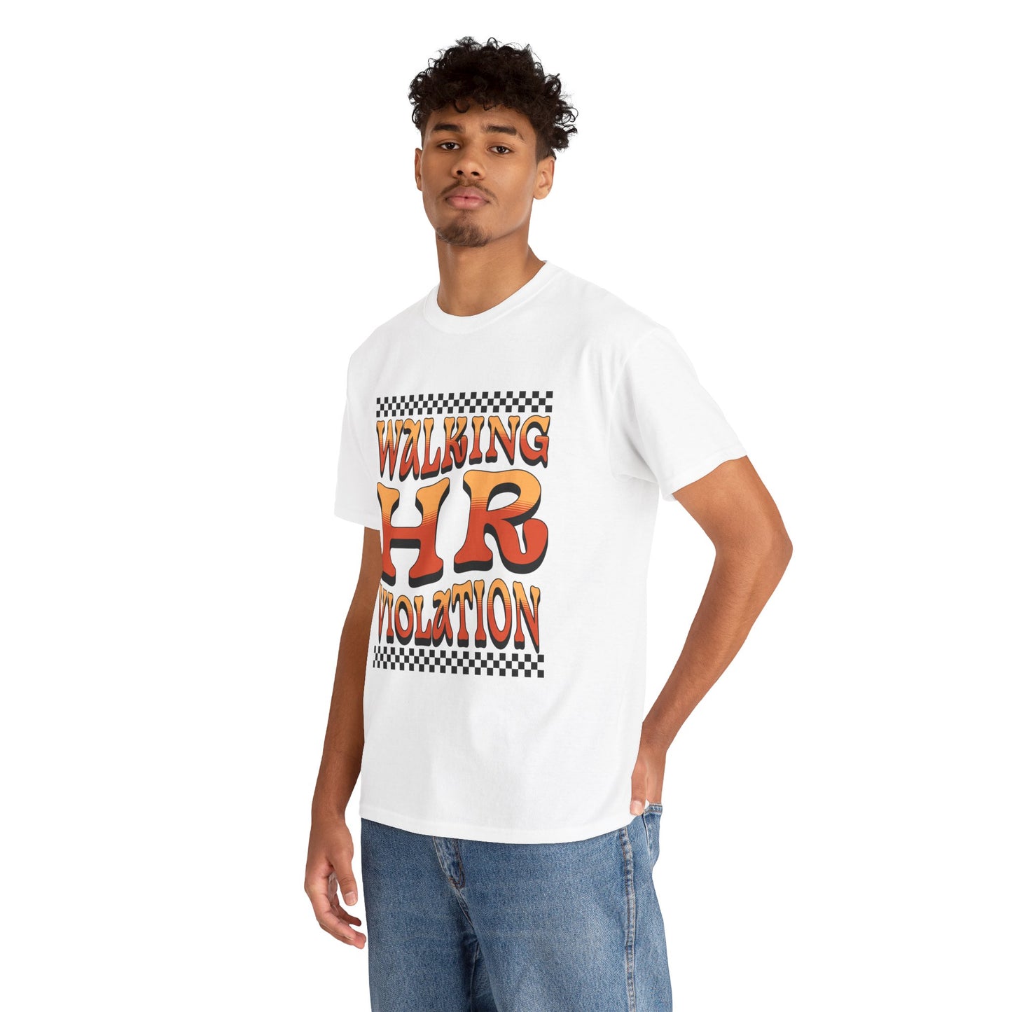 “Teezoca Walking HR Violation t-shirt on male model, funny meme HR shirt, front”

