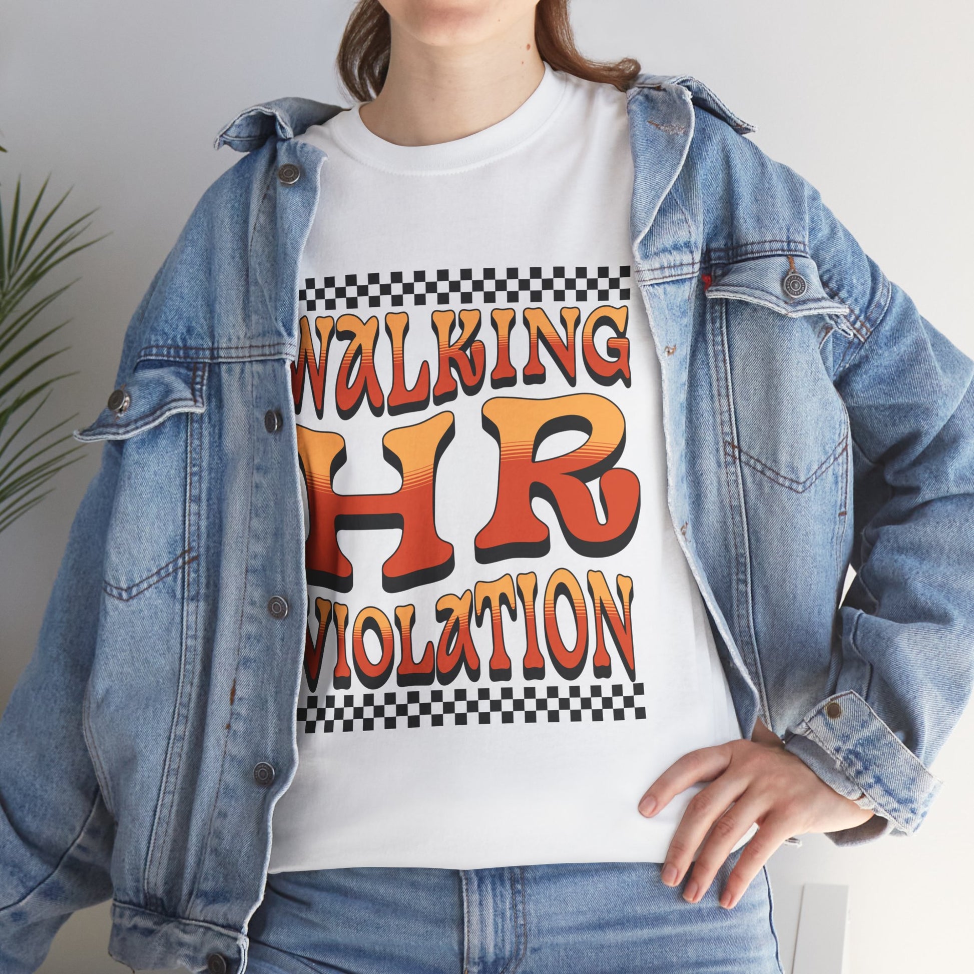 “Teezoca Walking HR Violation office humor meme tee, worn by woman, front photo”

