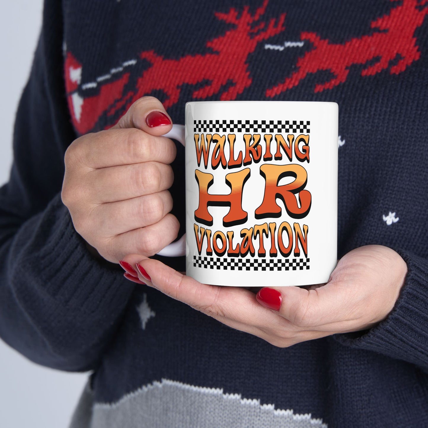 “Person holding Teezoca Walking HR Violation meme mug, office gift idea, funny HR joke cup”

