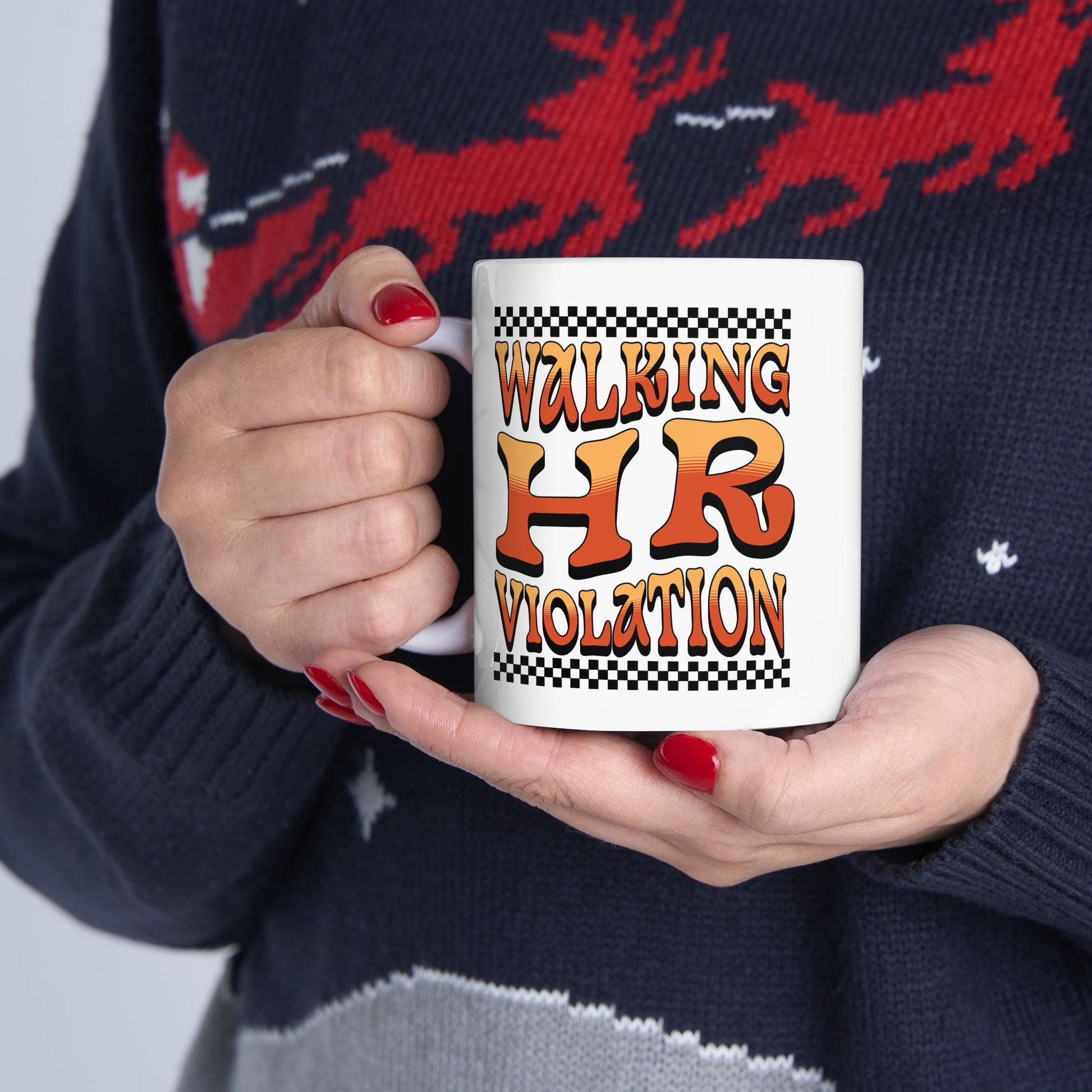 “Person holding Teezoca Walking HR Violation meme mug, office gift idea, funny HR joke cup”

